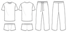 Mens Lounge T Shirt And Boxer Brief Short With Pants Design Set Flat Sketch Illustration Front And Back View, Set Of Sleepwear Trunk Short Sleepwear Pajama Trouser Bottom Cad Drawing Vector Mock Up