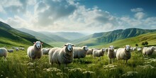 A Herd Of Sheep Standing On Top Of A Lush Green Field.