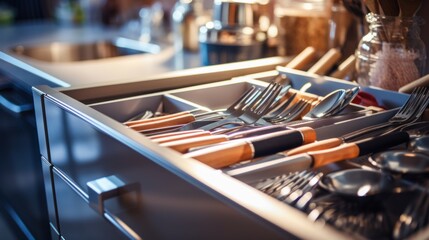 Wall Mural - A drawer with utensils and spoons in it, AI