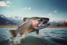 Rainbow Trout Jumping Out Of Water In Alaskan River. Ai Generative