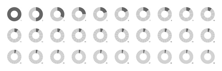 Wall Mural - Circle pie chart as donut infographics data presentation. Charging round bar as percentage piece or part of whole. 12 and 24 segments of crossed ring.