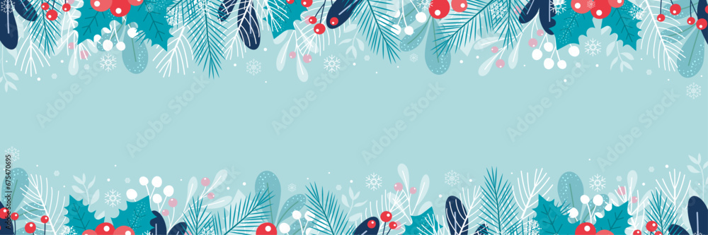 Winter horizontal banner background with fir branches, berries, leaves ...