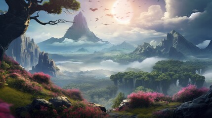 Wall Mural - Fantasy landscape art and its profound impact on player engagement and emotional connection to the magical game world