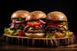 © happy_finch - Three beef burgers with sauce on wooden cutting board