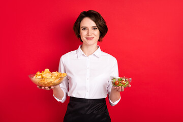 Sticker - Photo of attractive nice young woman hold hands plate chips salad order isolated on red color background