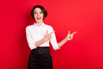 Wall Mural - Photo of impressed nice brunette hair lady point empty space wear shirt isolated on red color background