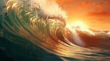 A Big Breaking Ocean Wave With White Foam. Stormy Heavy Sea. A Strong Storm With Big Waves In The Ocean. Tropical Sunset Background. Illustration For Banner, Poster, Cover, Brochure Or Presentation.