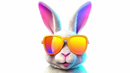 Wall Mural - Close-up portrait of a cute furry pet. Stylish rabbit posing in sunglasses. Illustration for cover, card, postcard, interior design, decor or print.