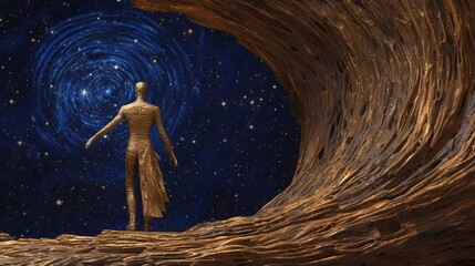 Wall Mural - a man stands on the edge of a cave and looks up at the starry sky. it's a science fiction story. dig