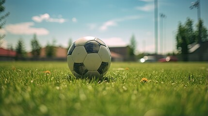 Wall Mural - A soccer ball on a green lawn. Soccer field on the background of the forest with the rays of the setting sun. Banner of sports theme. Can be used for advertising, marketing or presentation.