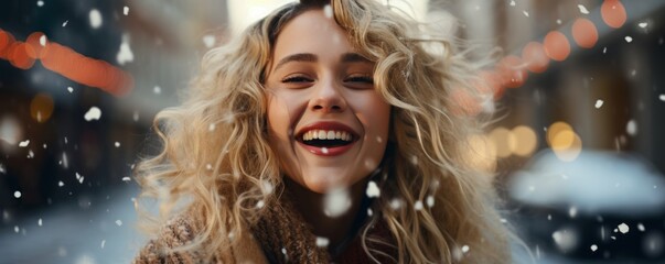 Outdoor portrait of a young beautiful happy smiling girl posing on the street