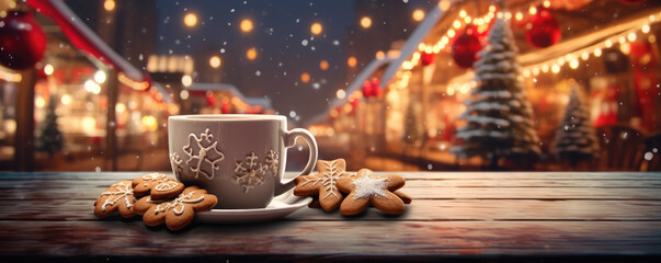 Wall Mural - Christmas cup of the cinnamon tea and cake with decoration on the wooden table .