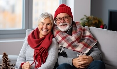 Happy smiling Senior couple having fun n wool plaid and scarf and wearing warm hat sitting on sofa at home in wintertime