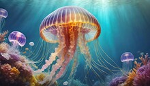 Big Colorful Jellyfish In A Blue Underwater Background
