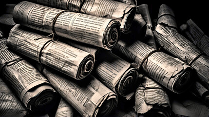 Vintage newsprint texture, Historical pages, Black and white columns with aged patina