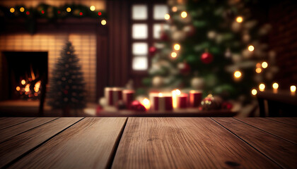 Wall Mural - Empty wooden table with christmas theme in background