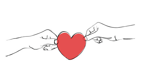 hand drawn line art vector off hands holding bread with a cut of heart shape. concept of charity with love. share food with kindness and love with the ones in need. Food drive art