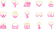 Valentine's day icons series. 15 romantic icons with pink and yellow outline
