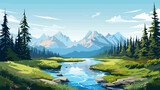 Fototapeta Natura - Summer landscape with mountains, river and forest. Vector illustration. Beautiful landscape for print, flyer, background. Travel concept.