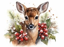 Christmas Greeting Card In Vintage Style. Watercolor Drawing Of A Cute Deer In Snow-covered Branches With Berries.