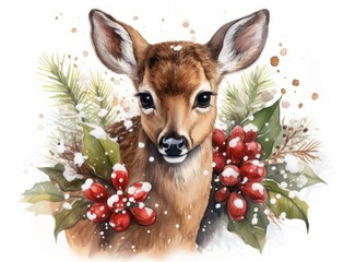 Christmas greeting card in vintage style. Watercolor drawing of a cute deer in snow-covered branches with berries.