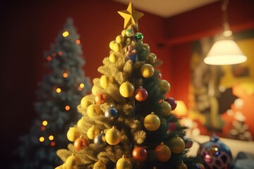 Christmas concept.interesting christmas tree on yellow background. Generative AI