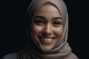 Wall Mural - Smiling happy arab asian muslim woman in gray hijab clothes isolated on background studio portrait. Uae people middle east islam religious concept.