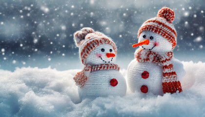 Wall Mural - Little knitted snowmans on soft snow