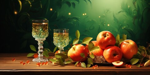 Wall Mural - Rosh hashanah, Jewish New Year holiday. Rosh hashanah card with traditional symbols, apples, honey, pomegranate, burning candle and bottle of champagne on a green background.