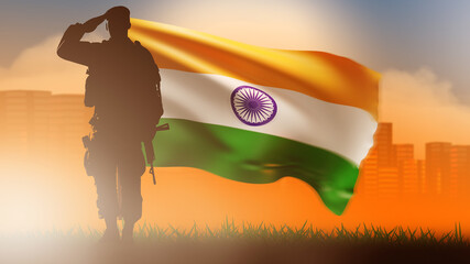 Soldier with India flag. Silhouette officer with weapon. Indian defense army soldier. Warrior against backdrop sunset. Man in soldier uniform. Warrior from India. Military service in India. 3d image