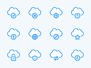 Poster - Cloud Computing Services and Configurations vector line icons. Online Storage Preferences outline icon set. Cloud Connection, Protection, Password, Access, Notification, Synchronization and more.