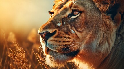 Wall Mural - Double exposure of a lion's face overlaid on a sun-soaked savanna