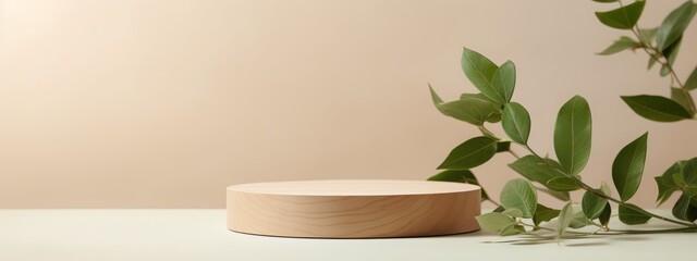 Podium background display 3d wood stand scene beige studio beauty stage platform. Mockup display podium pedestal background cosmetic organic minimal cream eco presentation drink empty abstract render.