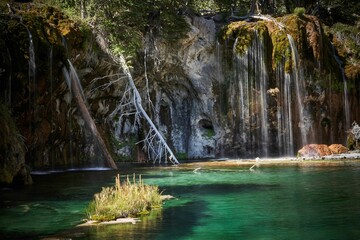 Poster - Crystal clear pond with a cascading waterfall, surrounded by lush greenery