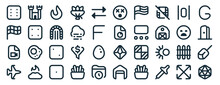 Set Of 40 Outline Web Interface Icons Such As Fort, Flag Checkered, File Video, Fighter Jet, Frown, Letter G, Dizzy Icons For Report, Presentation, Diagram, Web Design, Mobile App