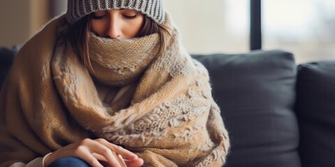 It's cold in the house in winter. Person freezing, fever or trouble with heating. Sad person in wool plaid and scarf and wearing warm hat sitting on sofa at home in wintertime