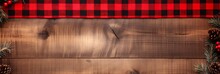 Elegant Christmas Buffalo Plaid Border Frame With Red And Black Ribbon. Rustic Wood Background, Top View