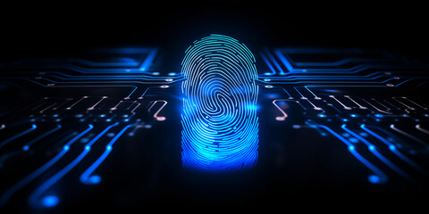 Concept Protect personal data banner. Security system with fingerprint on cyber technology neon background