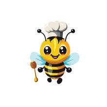 Friendly Bee Mascot Holding A Honey Dipper And Wearing A Chef's Hat.