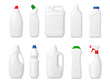 © MicroOne - Realistic cleaning products plastic packaging mockups. Chemical detergents white 3d bottles, dish wash and spray. Home cleaner detergents pithy vector set