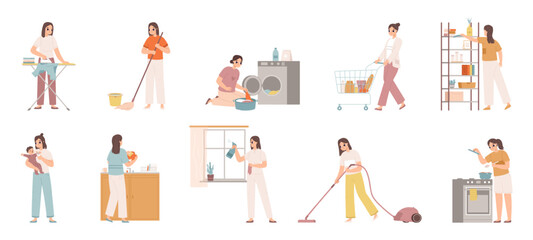 Sticker - Cute housewives character. Young woman cleaning house, girl doing housework. Isolated cartoon housekeeper and nanny, cooking and clean snugly vector set