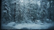 A Frosted Windowpane Where The Ice Patterns Turn Into A Blizzard Over A Pine Forest.
