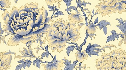   a blue and yellow floral wallpaper with leaves and flowers on a white background with a blue and yellow color scheme.  generative ai