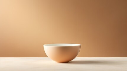 Wall Mural -  a white bowl sitting on top of a table next to a brown and white wall with a light brown wall in the background.  generative ai