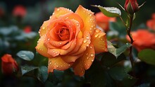 A Radiant Orange Rosebud Adorned With Dewdrops, Standing Out In A Sea Of Greenery And Blooms.
