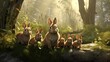  a group of rabbits sitting next to each other on top of a lush green forest covered with trees and bushes.  generative ai