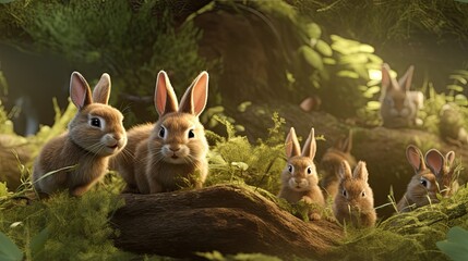 Sticker -  a group of rabbits sitting on top of a lush green forest next to a forest filled with lots of trees.  generative ai