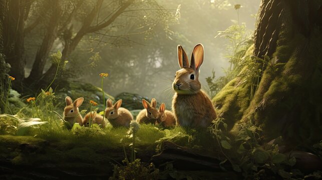  a group of rabbits sitting in the grass in front of a group of trees in the middle of a forest.  generative ai