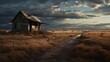 A run-down, weathered shack in a desolate rural landscape, with an overcast sky overhead
