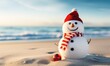 Smiling sandy snowman in red santa hat on the sea beach, x-mas travel design background, Christmas decoration, Happy New Year, holiday,vacation, love of the season, space for text